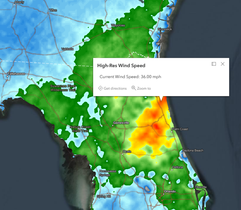 Como parte de la Red de Socios de Esri, Baron Weather puede Captura de pantalla de la velocidad actual del viento.