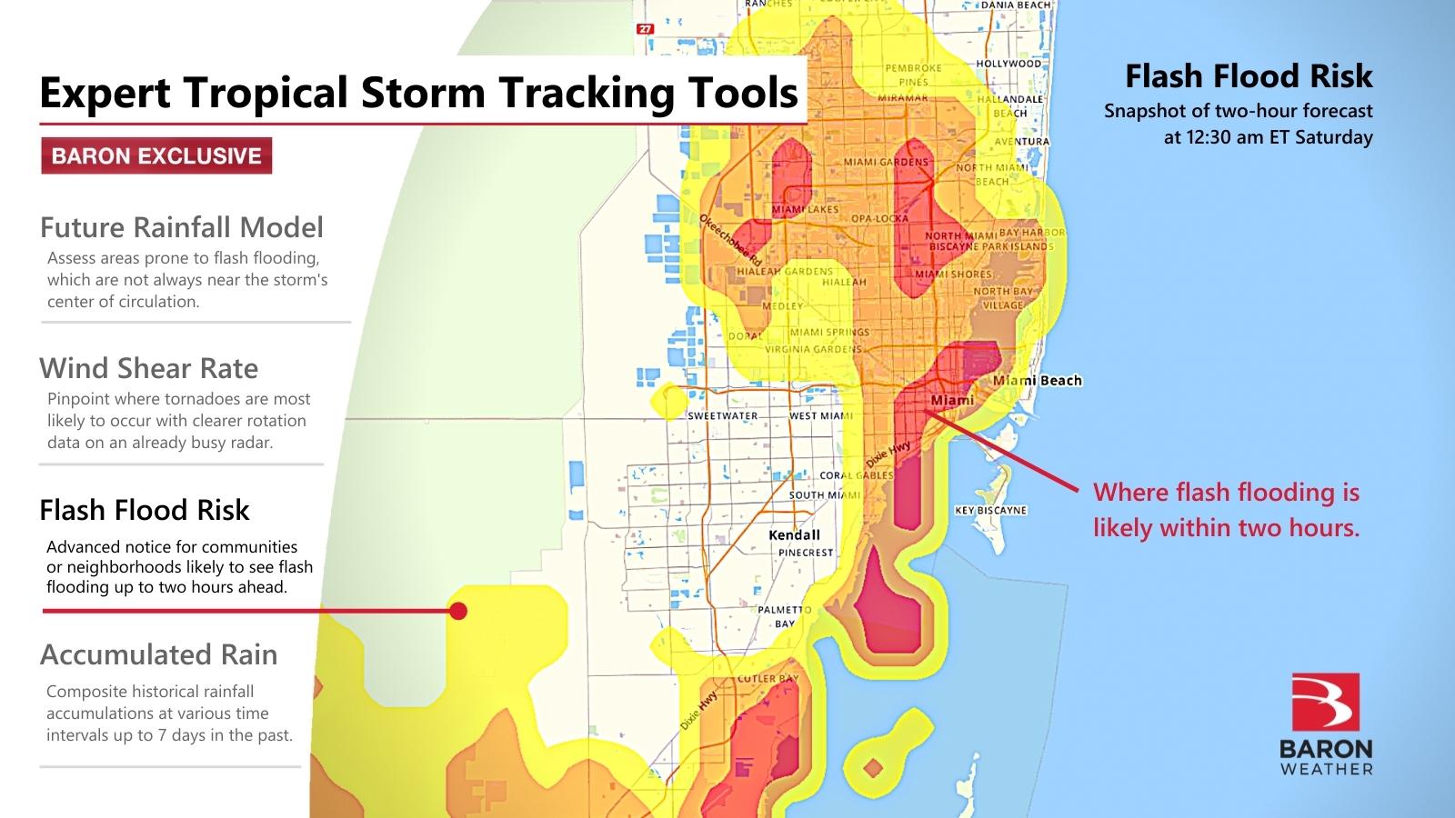 Instantánea del riesgo de inundaciones repentinas de Baron utilizando la API meteorológica de Baron y una aplicación cartográfica personalizada.