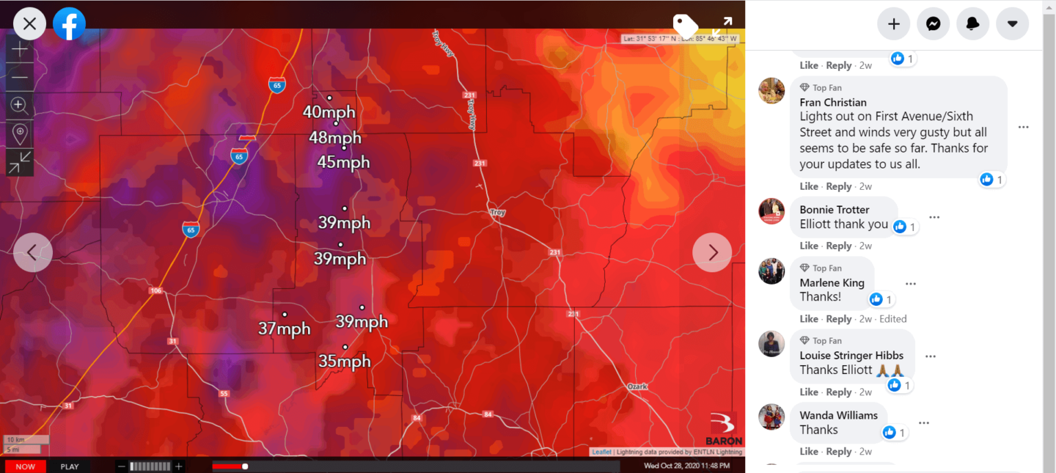 El EMA del condado de Crenshaw distribuyó en Facebook los datos de velocidad del viento de Baron Threat Net durante el huracán Zeta.