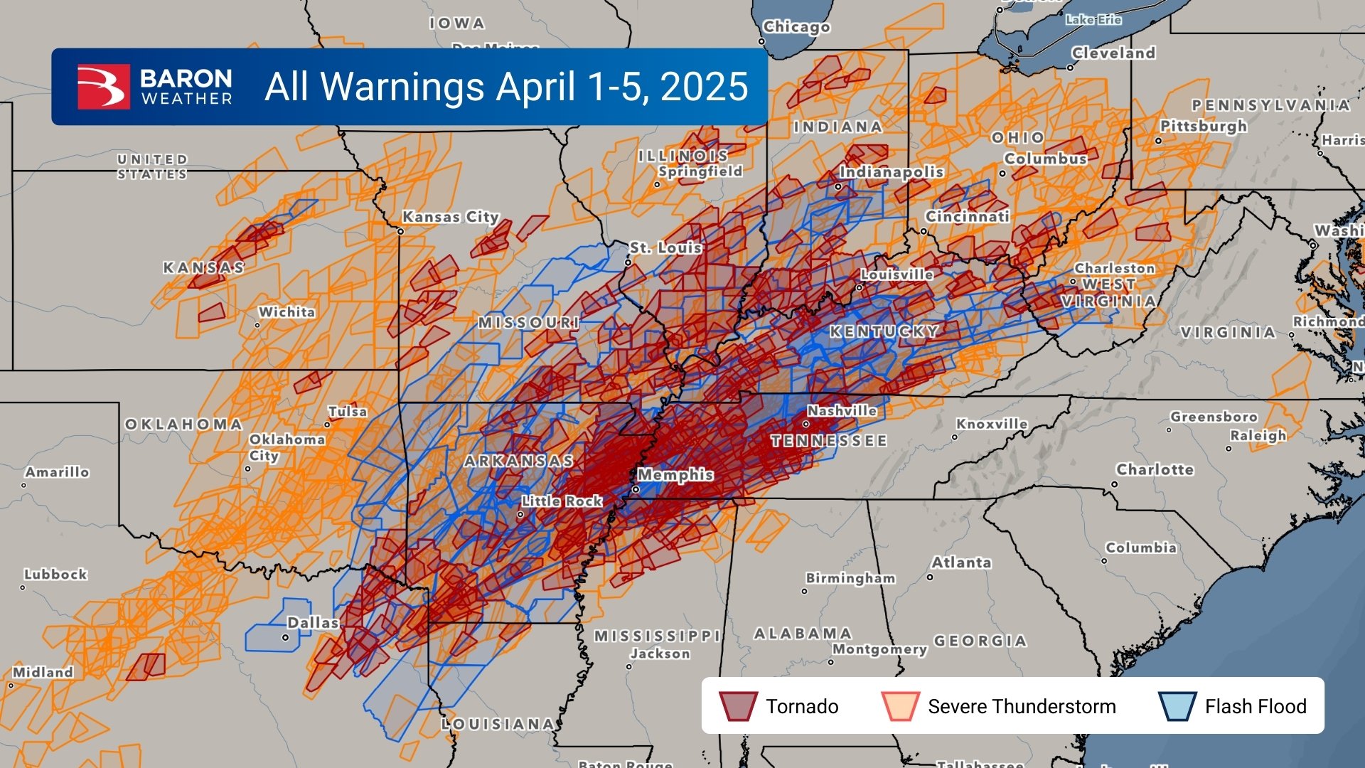 Todos los avisos de tornado, tormenta eléctrica severa e inundación repentina emitidos del 1 al 5 de abril de 2025.