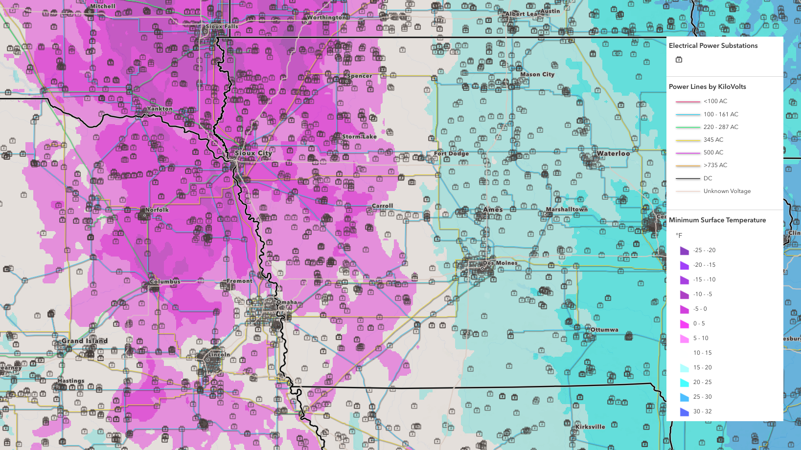 An example of GIS weather data overlayed with an electric company's substations and powerlines.